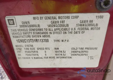 2001 Chevrolet Tahoe Ls z USA, uszkodzony, nr VIN 1GNEC13T31R113700